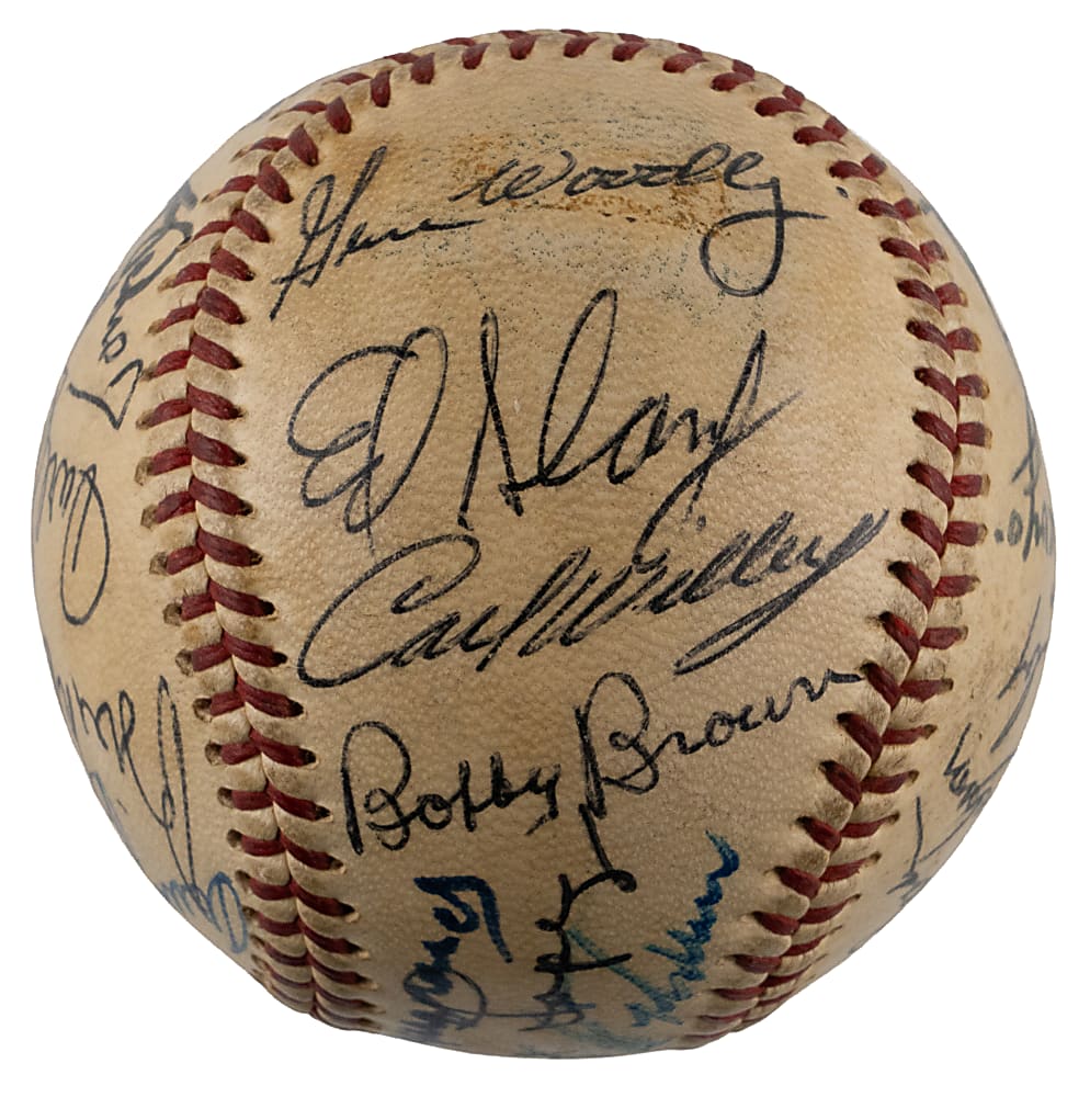 1950s New York Area Hall of Fame & Star Multi-Signed OAL/Harridge Baseball with (24) Signatures Including Casey Stengel with Full JSA LOA