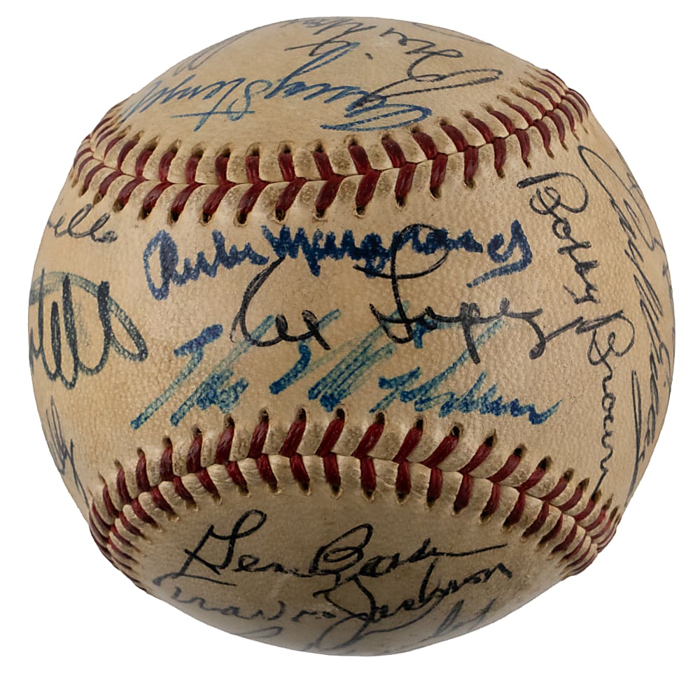 1950s New York Area Hall of Fame & Star Multi-Signed OAL/Harridge Baseball with (24) Signatures Including Casey Stengel with Full JSA LOA