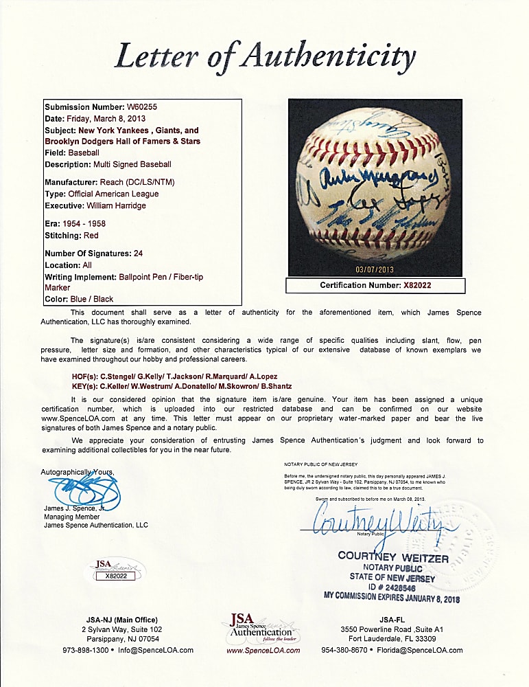1950s New York Area Hall of Fame & Star Multi-Signed OAL/Harridge Baseball with (24) Signatures Including Casey Stengel with Full JSA LOA