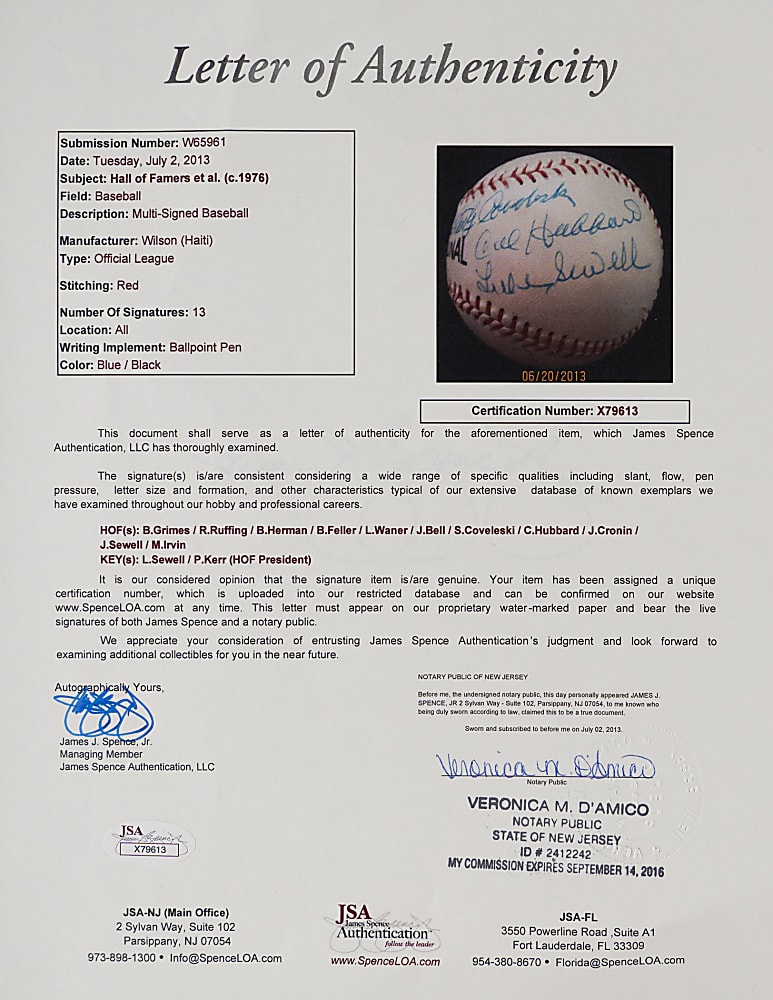 Circa 1970s Hall of Famer/Star Multi-Signed baseball with (13) Including HOF President Paul Kerr – JSA LOA
