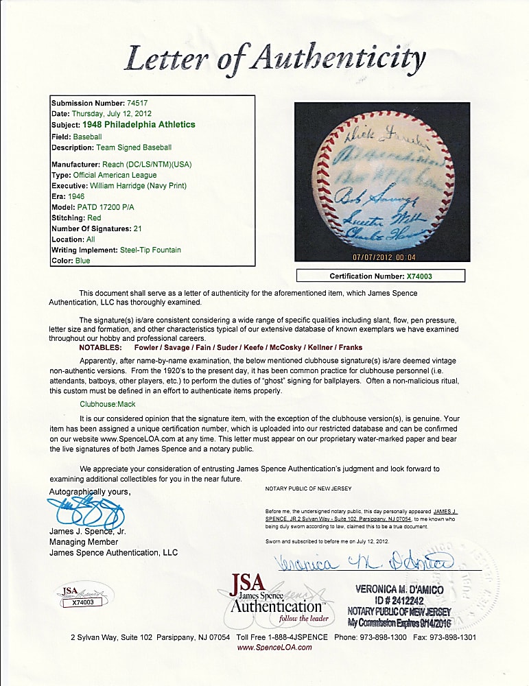 1948 Philadelphia Athletics Team-Signed OAL/Harridge Baseball with (21) Signatures Plus Full JSA LOA