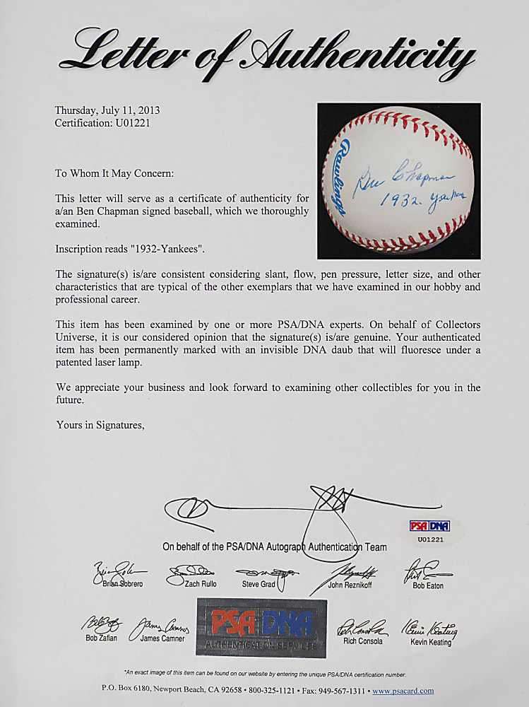 Ben Chapman Single-Signed OAL/Brown Baseball with "1932 Yankees" Inscription - Full PSA/DNA LOA