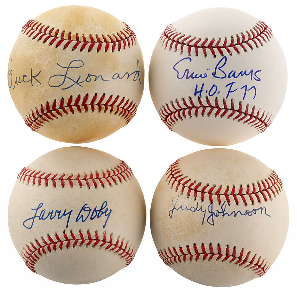 Negro Leaguer Single-Signed Baseballs (4) with Banks, Leonard, Johnson, Doby - All Individually Certified