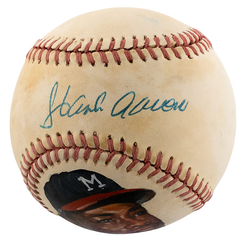 Hank Aaron Single-Signed Baseball with Hand Painted Portrait - Full JSA LOA