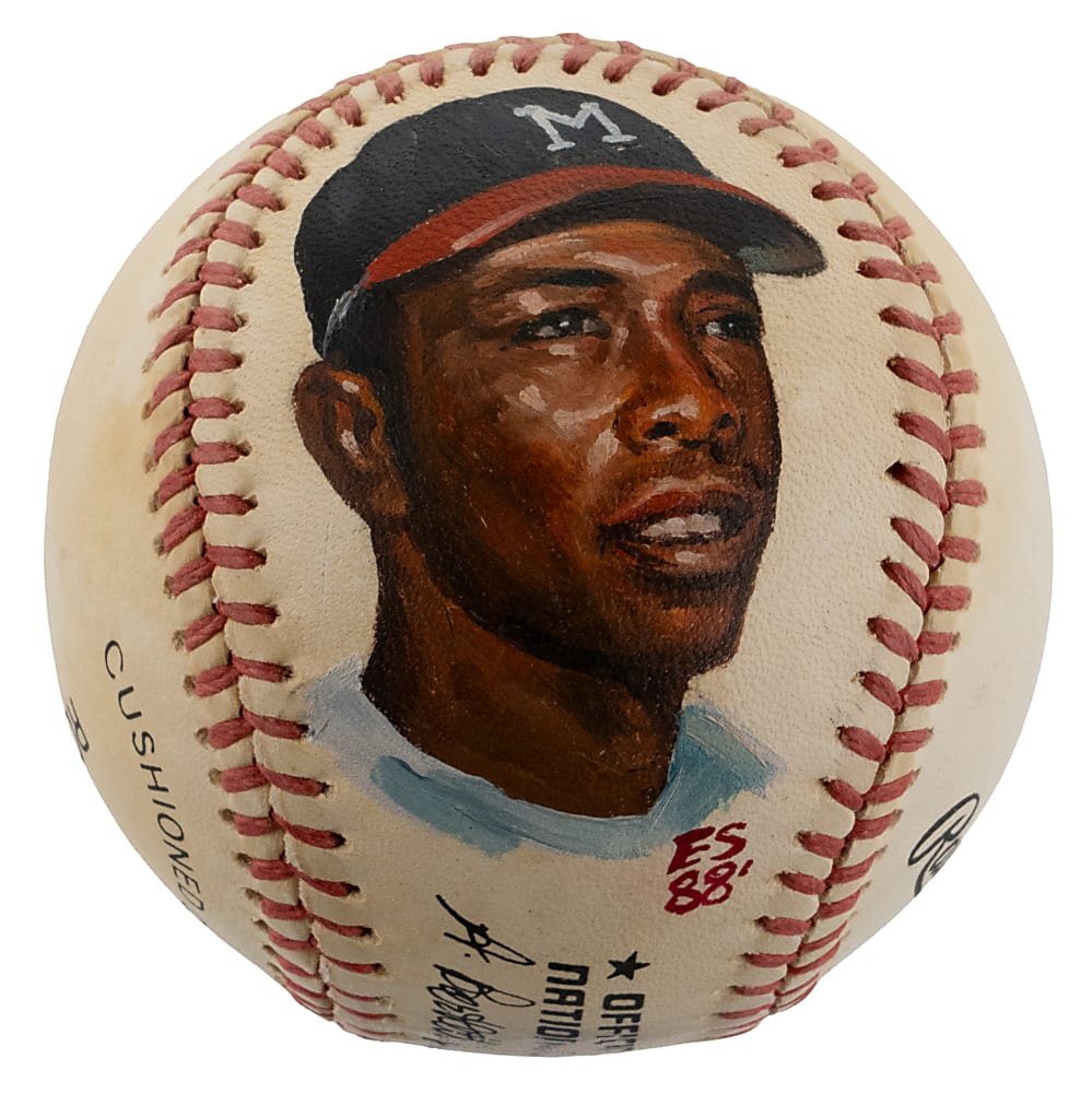 Hank Aaron Single-Signed Baseball with Hand Painted Portrait - Full JSA LOA