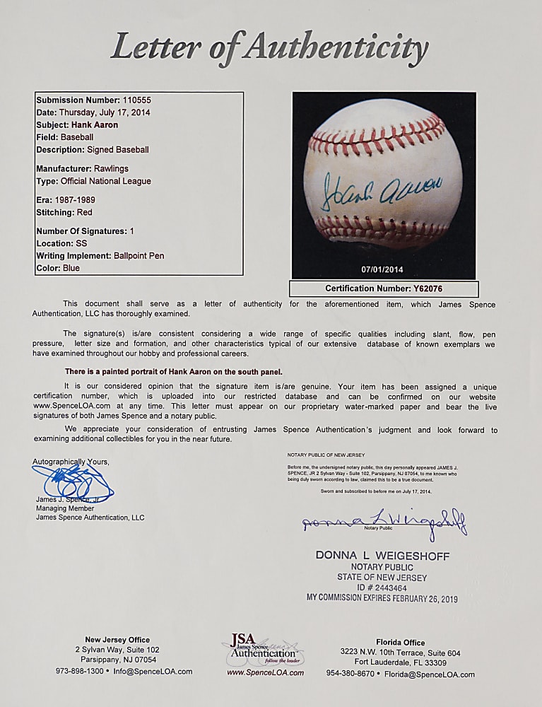 Hank Aaron Single-Signed Baseball with Hand Painted Portrait - Full JSA LOA