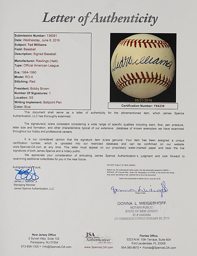 Ted Williams Single-Signed OAL/Brown Baseball - Full JSA LOA