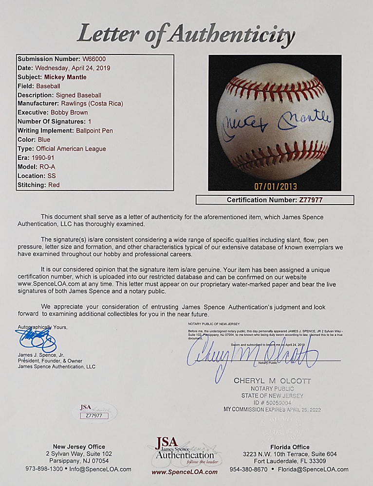 Mickey Mantle Single-Signed OAL/Brown Baseball - Full JSA LOA
