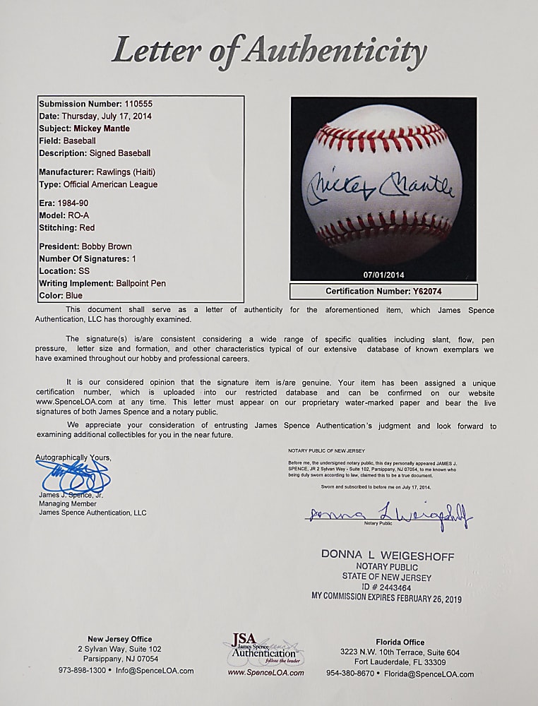 Mickey Mantle Single-Signed OAL/Brown Baseball - Full JSA LOA