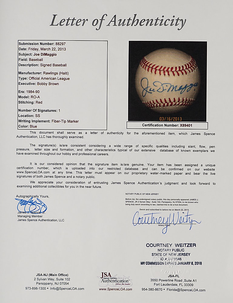 Joe DiMaggio Single-Signed OAL/Brown Baseball with Full JSA LOA
