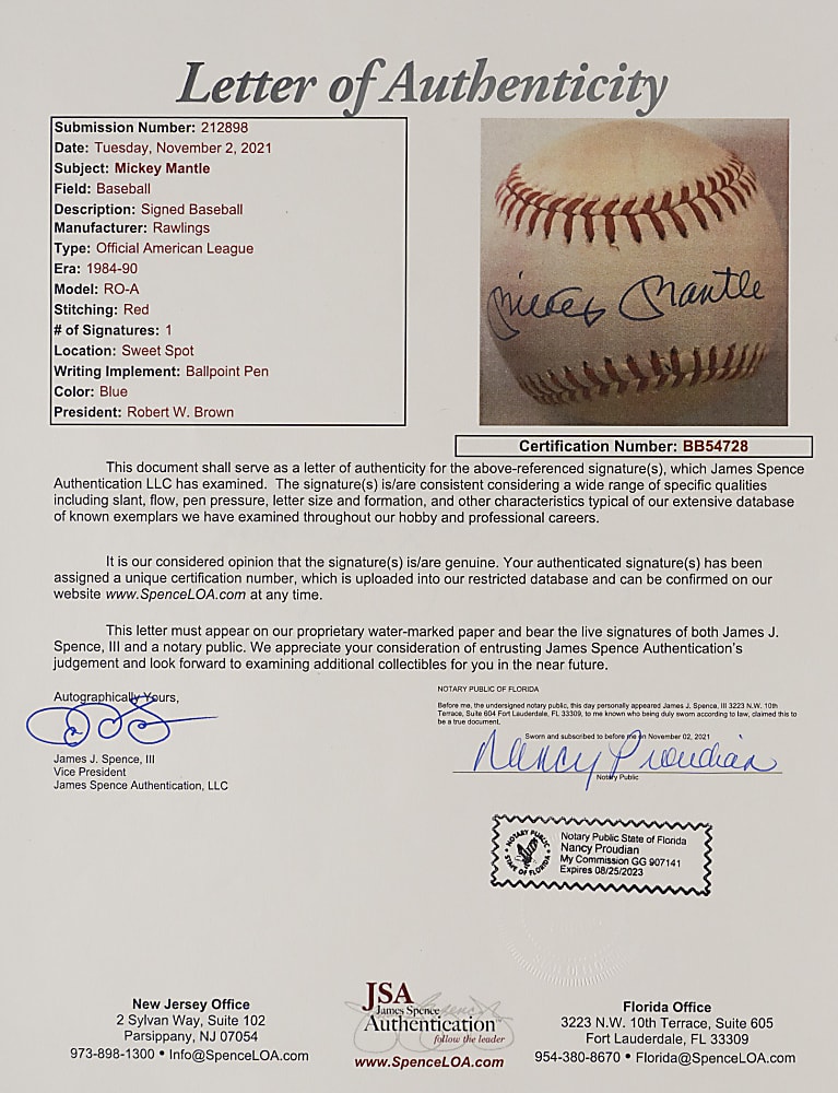 Mickey Mantle Single-Signed OAL/Brown Baseball - Full JSA LOA