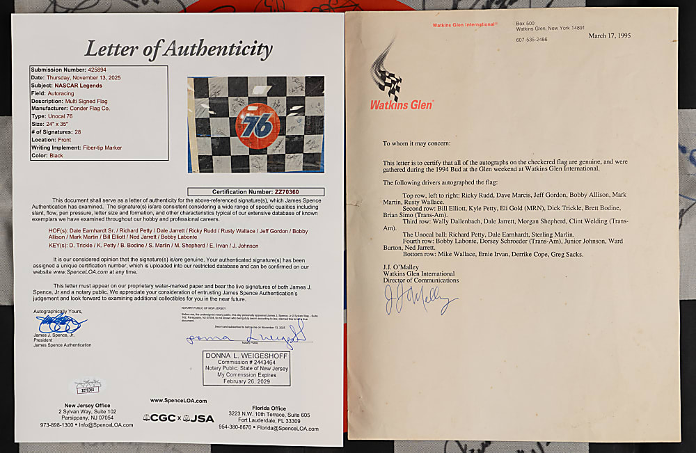 1994 Multi-Signed NASCAR Legends Checkered Flag from Watkins Glen International with (28) Signatures Including Dale Earnhardt Sr., Richard Petty, Jeff Gordon - Full JSA LOA
