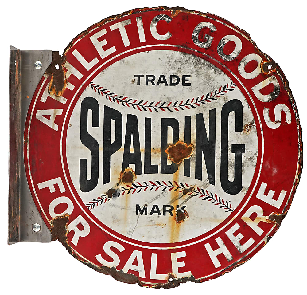 1930s Spalding Athletic Goods Double-Sided Porcelain Flange Advertisement Sign