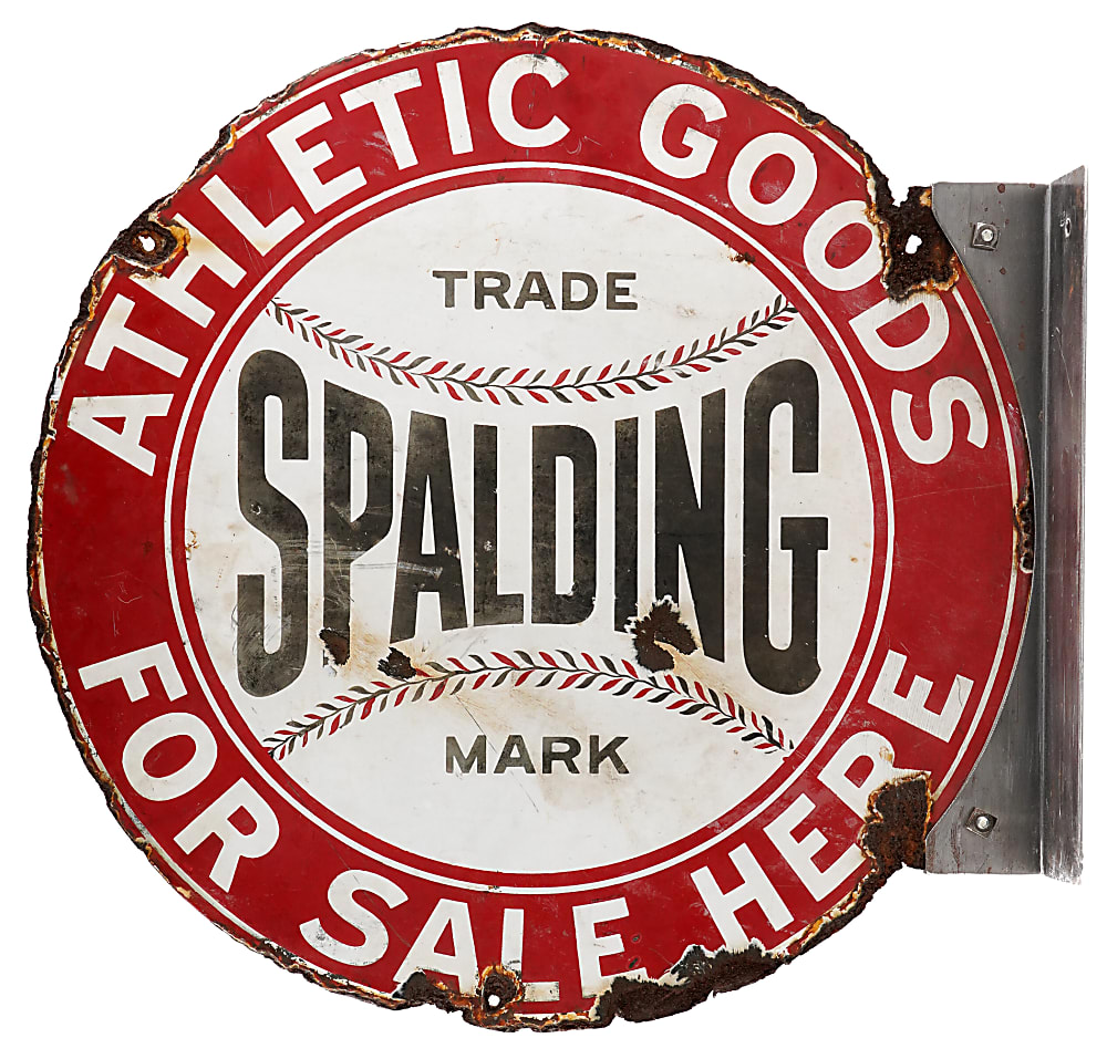 1930s Spalding Athletic Goods Double-Sided Porcelain Flange Advertisement Sign