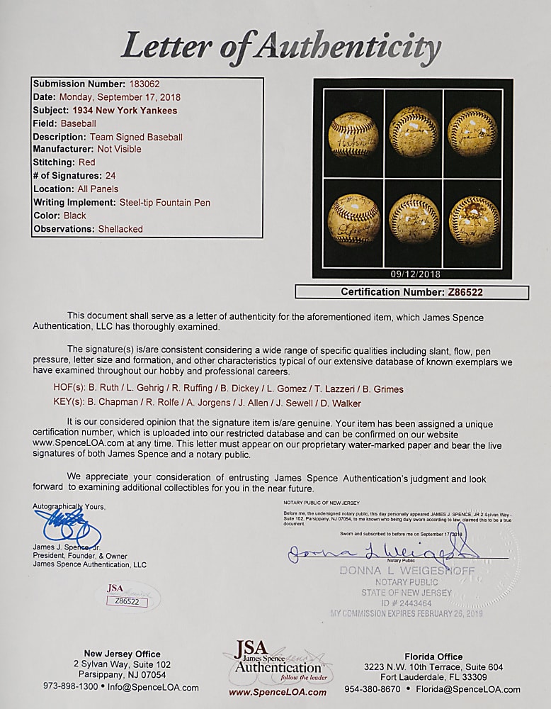 1934 New York Yankees Team-Signed Baseball (24 Signatures) Including Babe Ruth and Lou Gehrig (Triple Crown Season) - Full JSA LOA