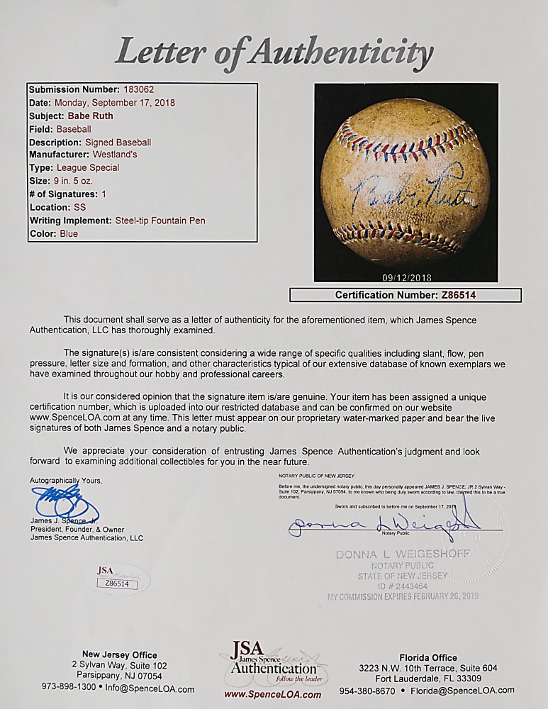 Babe Ruth Single-Signed Baseball - Full JSA LOA