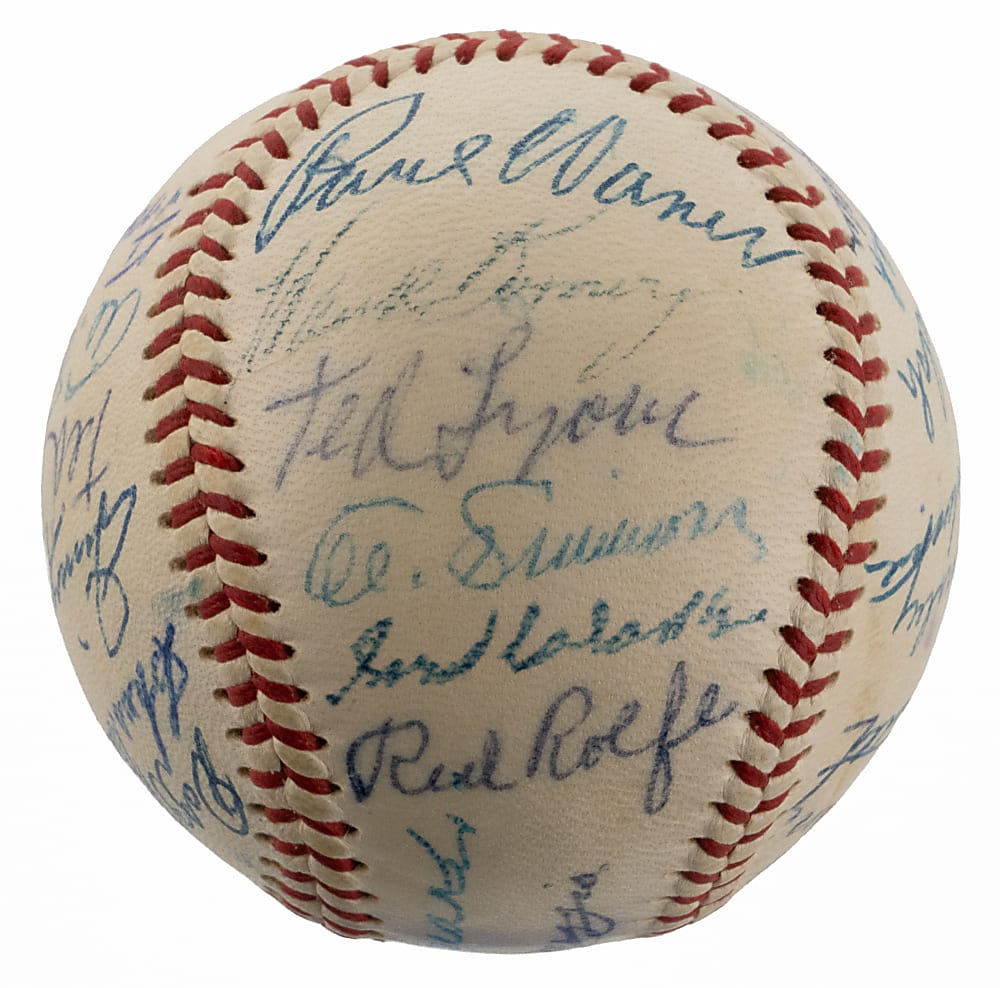 Tremendous 1955 Hall of Fame Induction Multi-Signed Baseball (25 Signatures) Including Foxx, Speaker, and DiMaggio