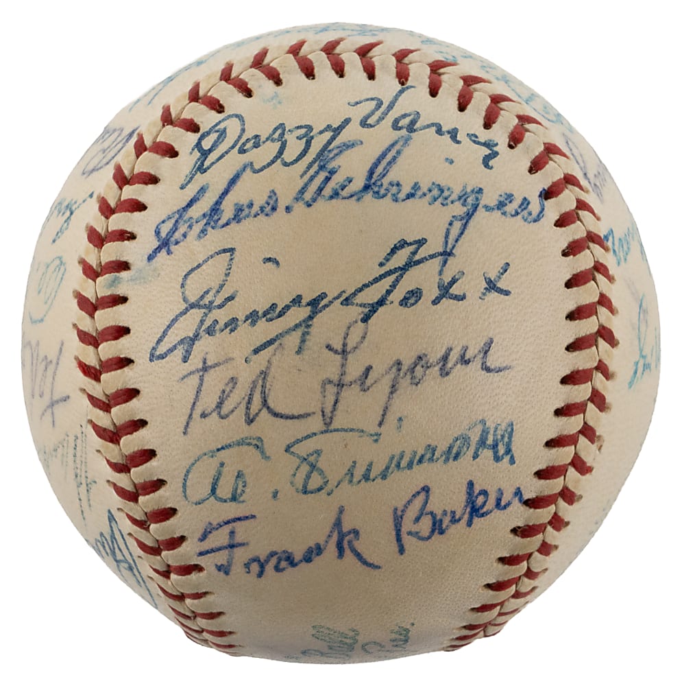 Tremendous 1955 Hall of Fame Induction Multi-Signed Baseball (25 Signatures) Including Foxx, Speaker, and DiMaggio