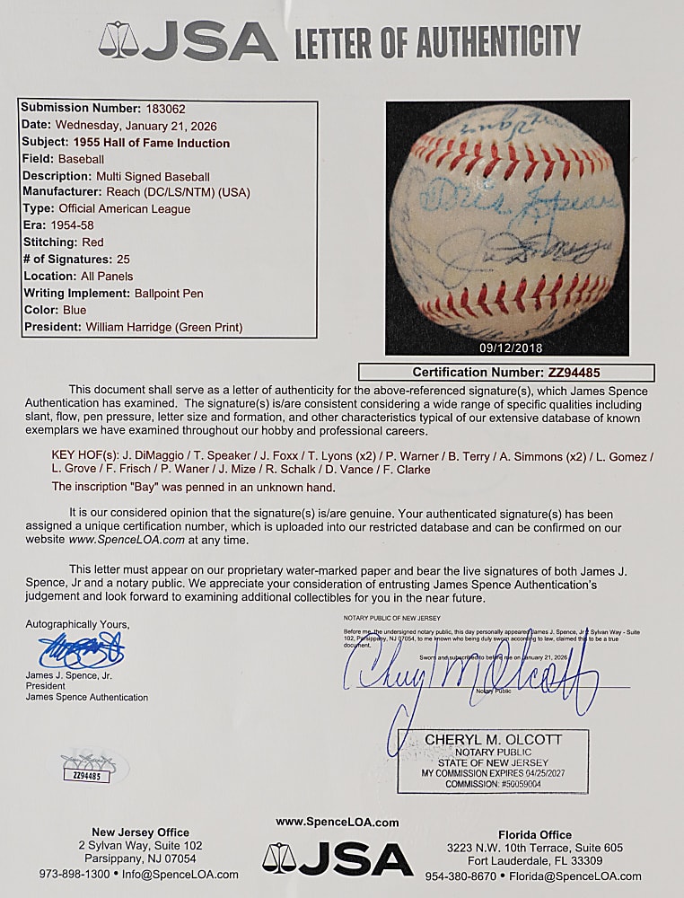 Tremendous 1955 Hall of Fame Induction Multi-Signed Baseball (25 Signatures) Including Foxx, Speaker, and DiMaggio
