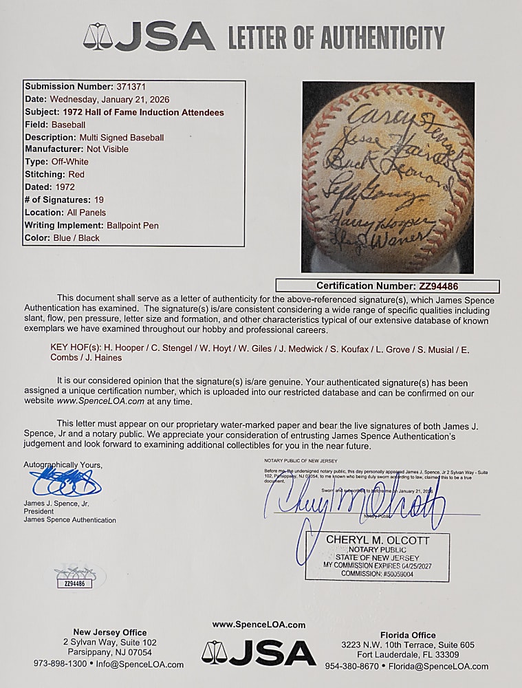 1972 Hall of Fame Induction Attendees Multi-Signed Baseball with (19) Signatures Including Stengel, Koufax & Hooper - Full JSA LOA