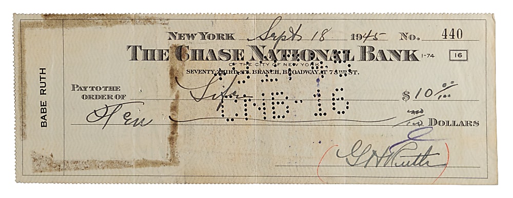 1945 Babe Ruth Signed Check - Full JSA LOA