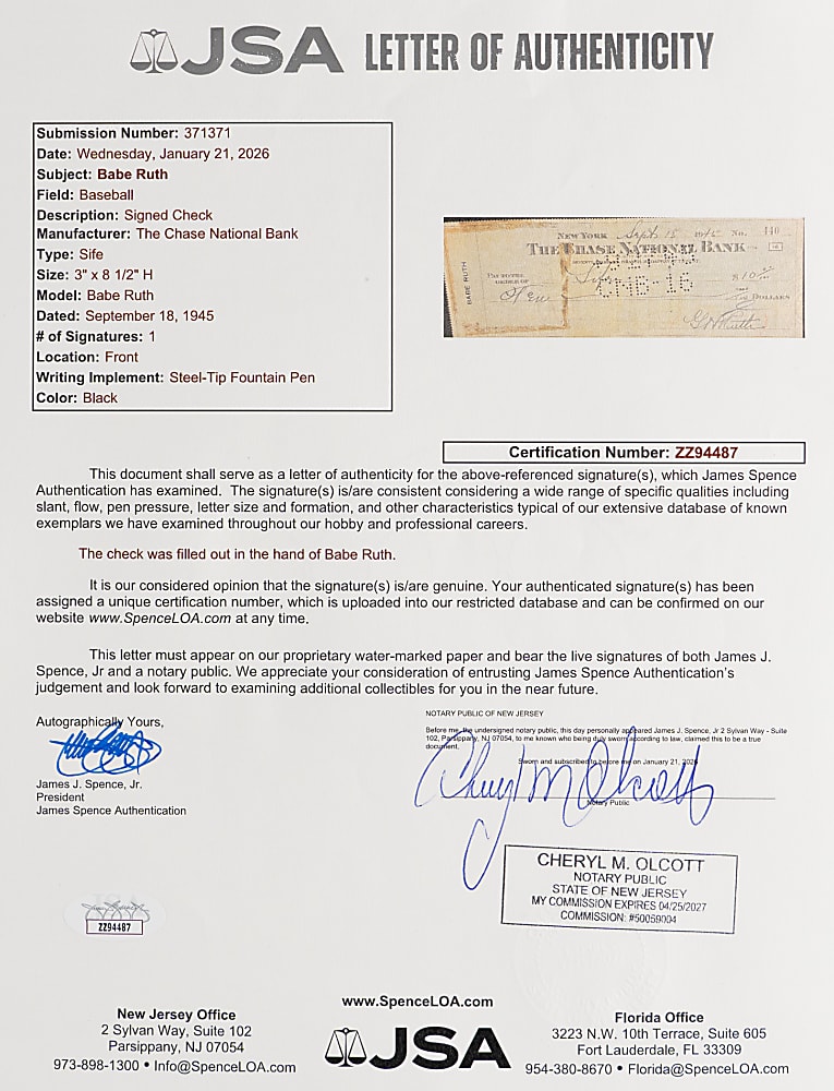 1945 Babe Ruth Signed Check - Full JSA LOA