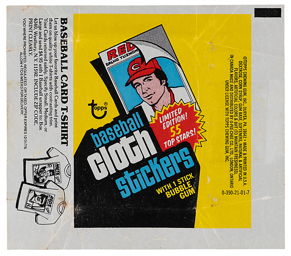 1977 Topps Cloth Stickers Complete Set (55) Plus American & National League Checklist Sets (18) & Wrapper - (74) Total Pieces