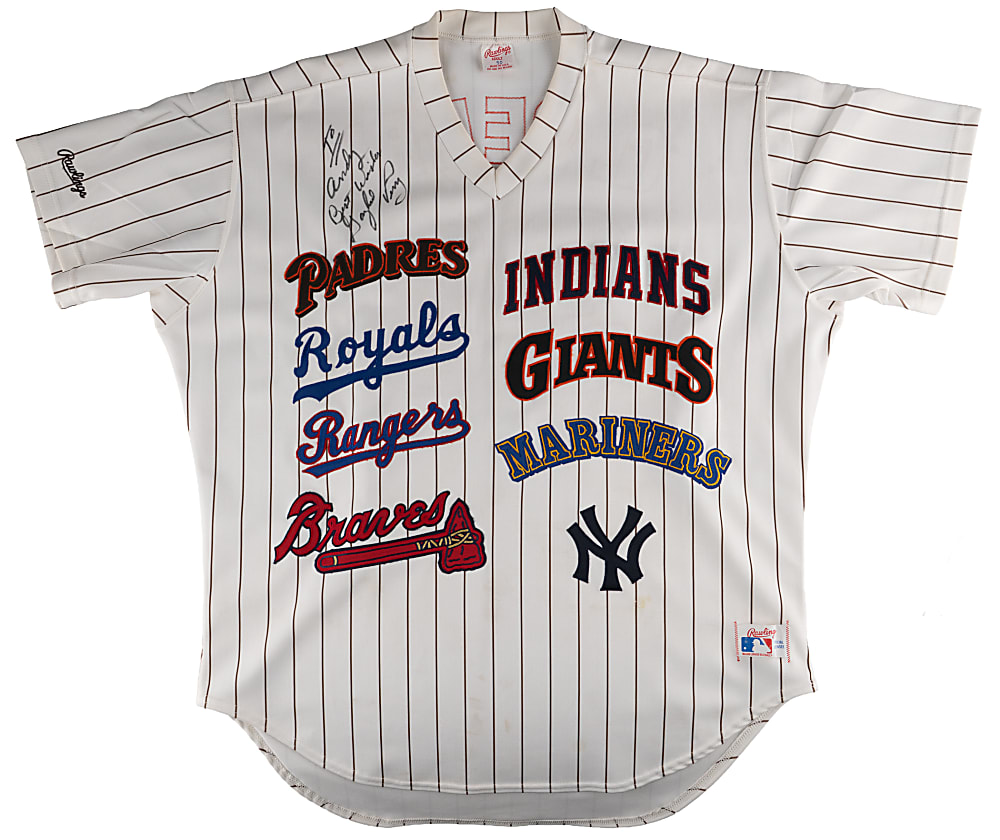 Gaylord Perry Signed & Inscribed Custom Rawlings Jersey with Logos of All Eight Teams Played