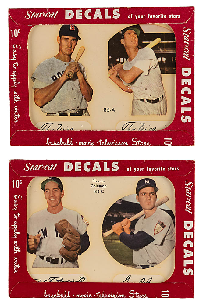 1952 Star-Cal Decals Type 2 Pair with #84-C Rizzuto/Coleman & #85-A Ted Williams In Original Envelopes