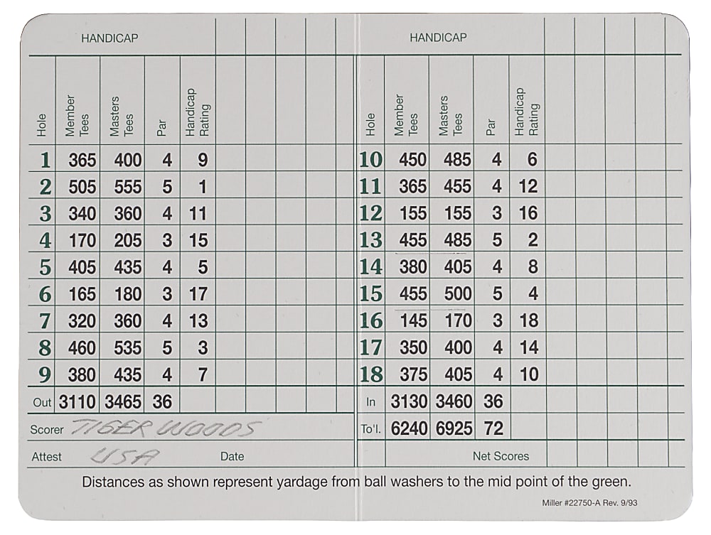 Tiger Woods c.1998 Signed Augusta National Scorecard with Auto 9 Grade- Full JSA LOA