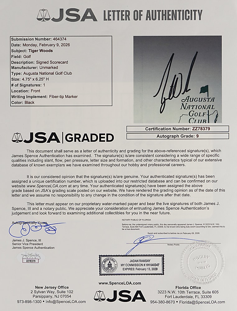 Tiger Woods c.1998 Signed Augusta National Scorecard with Auto 9 Grade- Full JSA LOA