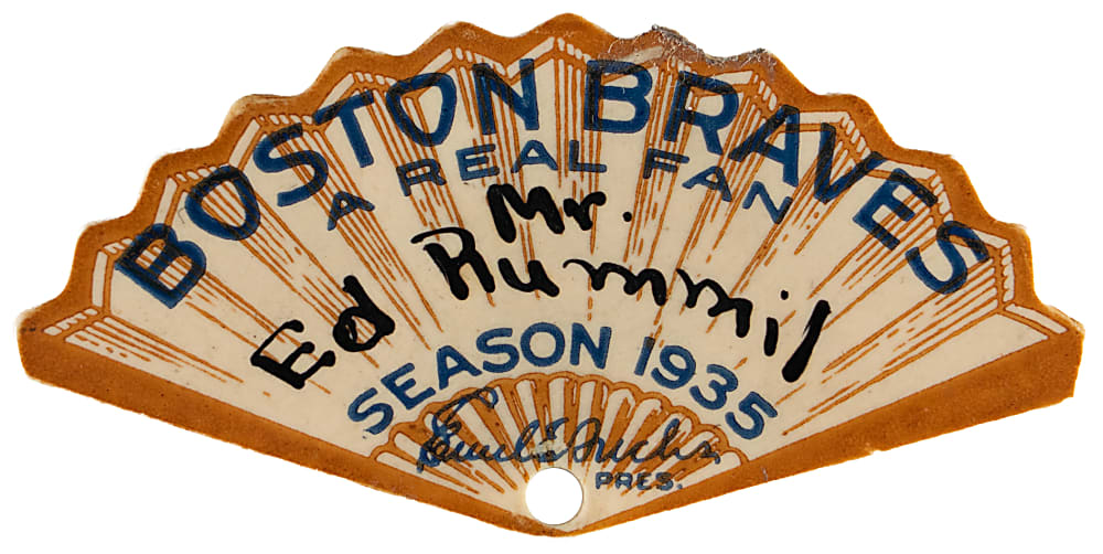1935 Boston Braves Exceedingly Rare Celluloid Season Press Pass from Babe Ruth’s Final Season - Presented to Sportswriter Ed Rumill