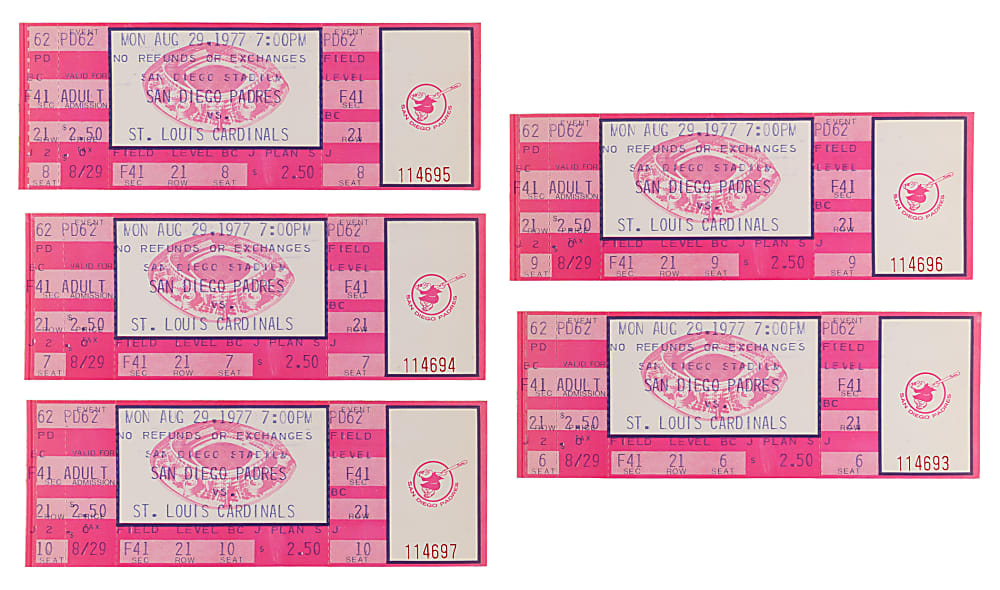 1977 St. Louis Cardinals vs. San Diego Padres Full Unused Tickets (5) - Lou Brock Stolen Base #893 Surpassing Ty Cobb for Most All-Time!