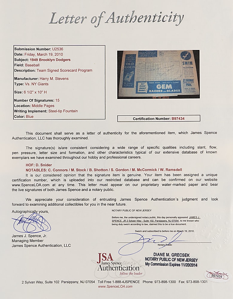 1949 Brooklyn Dodgers Opening Day Program Signed by (16) with Chuck Connors & Duke Snider - Full JSA