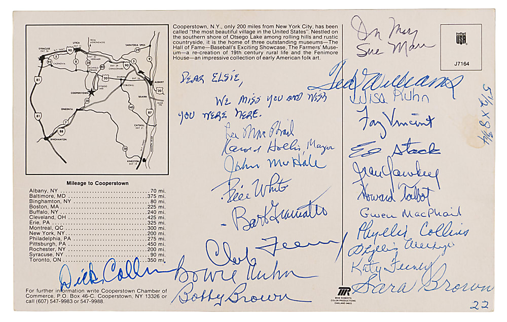 Oversized Cooperstown Postcard Signed by (22) with Ted Williams, Jean Yawkey & Bart Giamatti
