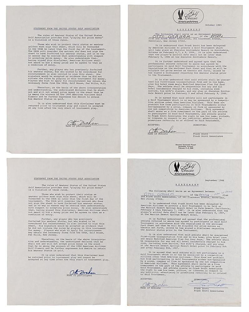 1984-1986 Otto Graham Signed USGA & American Airlines Golf Classic Agreements (4)