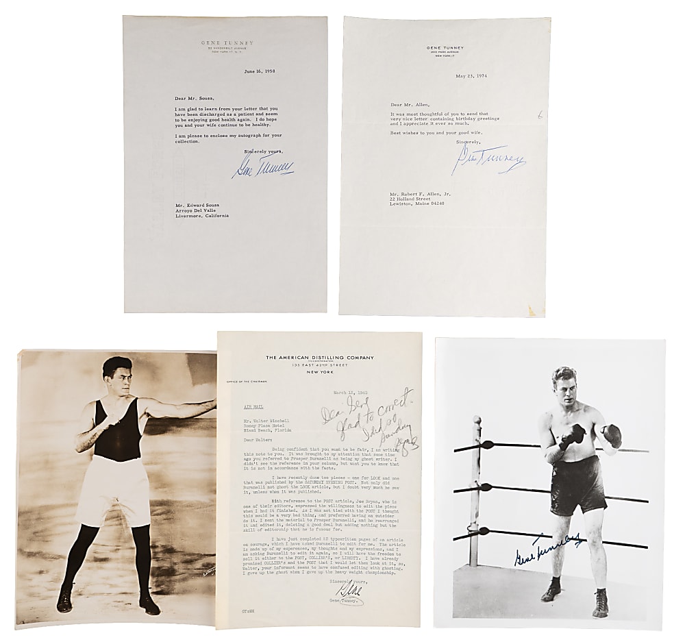 Gene Tunney Collection (6) with (3) Photos & (3) Signed Letters (4 Total Signed Items)