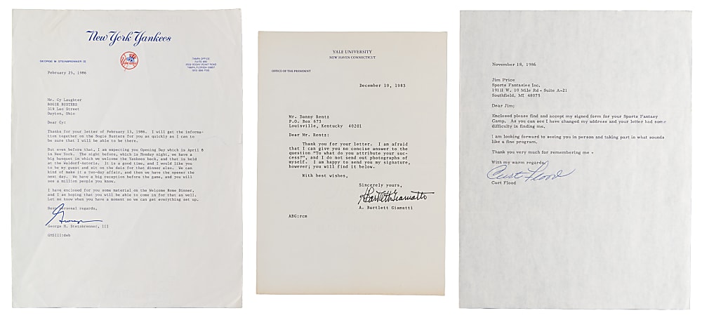 1983-1986 Signed Letter Trio with Bart Giamatti, Curt Flood & George Steinbrenner