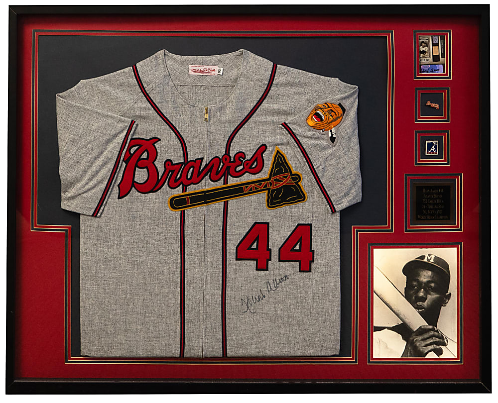 Hank Aaron Framed Display with Signed Mitchell & Ness 1957 Milwaukee Braves Jersey with Steiner COA & 2005 Donruss Greats Certified Autograph Card