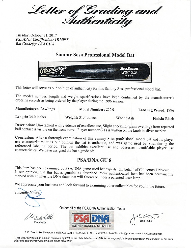 1996 Sammy Sosa Chicago Cubs Game-Used Bat from 40 HR/100 RBI Season - PSA/DNA GU 8