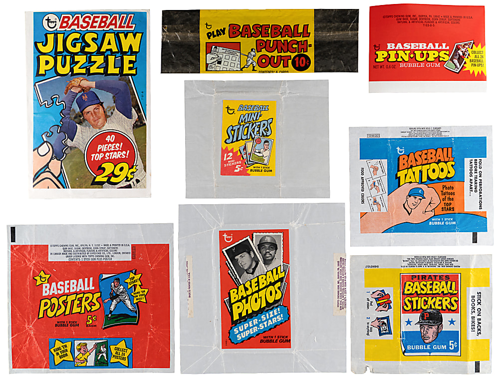 1967-1977 Topps Oddball Wrapper Collection (18) with (2) 1969 Topps Team Posters & 1967 Topps Pirates Stickers
