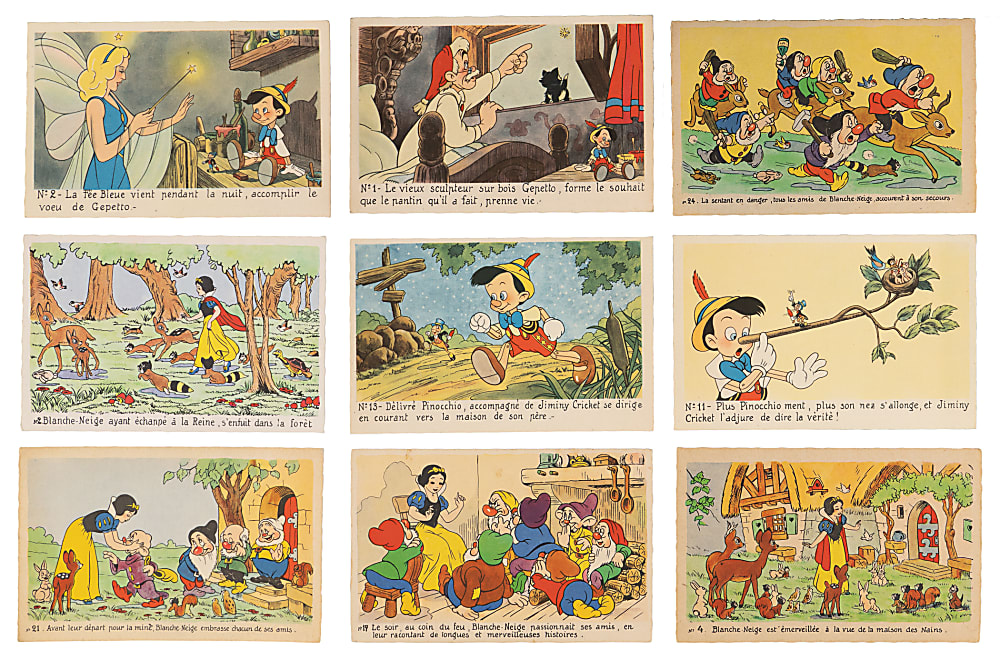 1938 & 1945 Disney French Postcard Set Pair with Snow White & Pinocchio - (49 Total Cards)