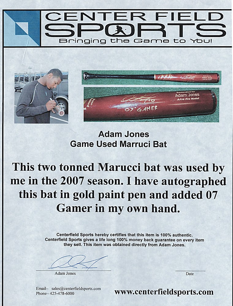 2007 Adam Jones Signed Seattle Mariners Game-Used Bat with “07 Gamer” Inscription - PSA/DNA COA