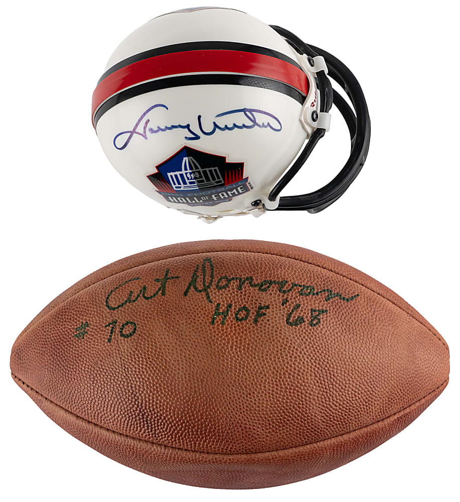 Johnny Unitas Mini-Helmet (Full JSA) & Art Donovan Signed Football Pair