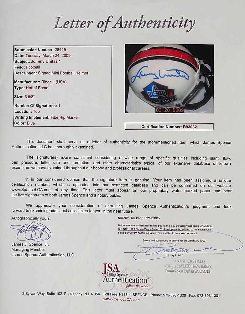 Johnny Unitas Mini-Helmet (Full JSA) & Art Donovan Signed Football Pair