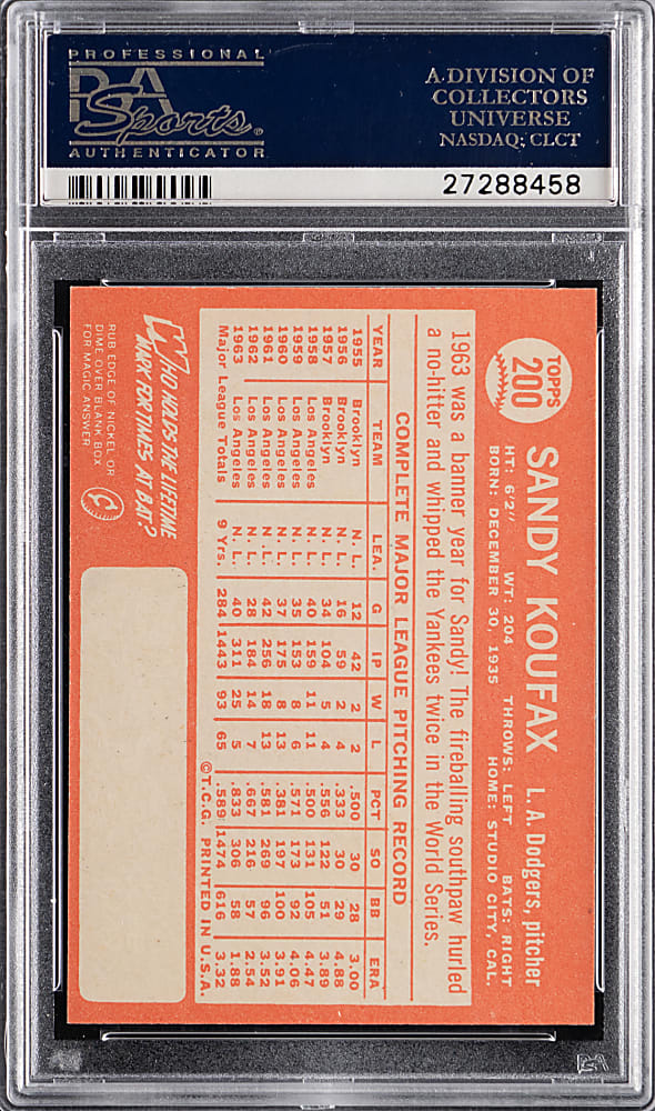 1964 Topps #200 Sandy Koufax PSA MINT 9 (oc)