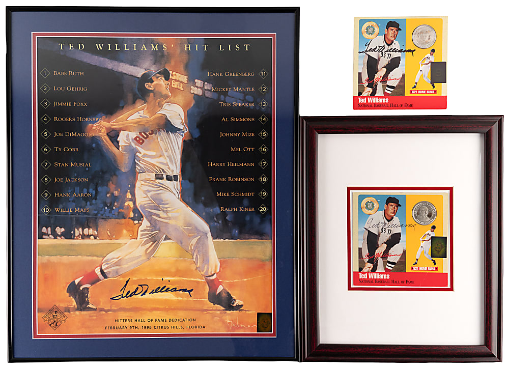 Ted Williams Signed Trio with Hitters Hall of Fame Display & (2) Carded Silver Coins - Individual Green Diamond COAs