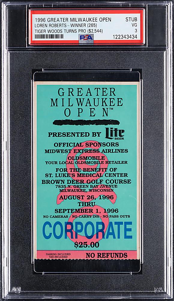 1996 Greater Milwaukee Open Ticket Stub PSA VG 3 - Tiger Woods Professional Debut