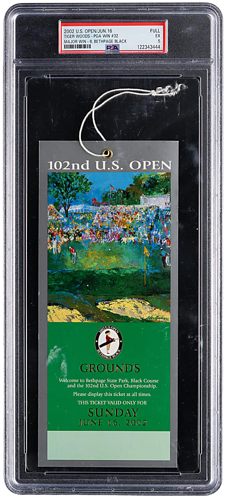 2002 U.S. Open at Bethpage Black Full Ticket PSA EX 5 - Tiger Woods PGA Win #32, Major Win #8