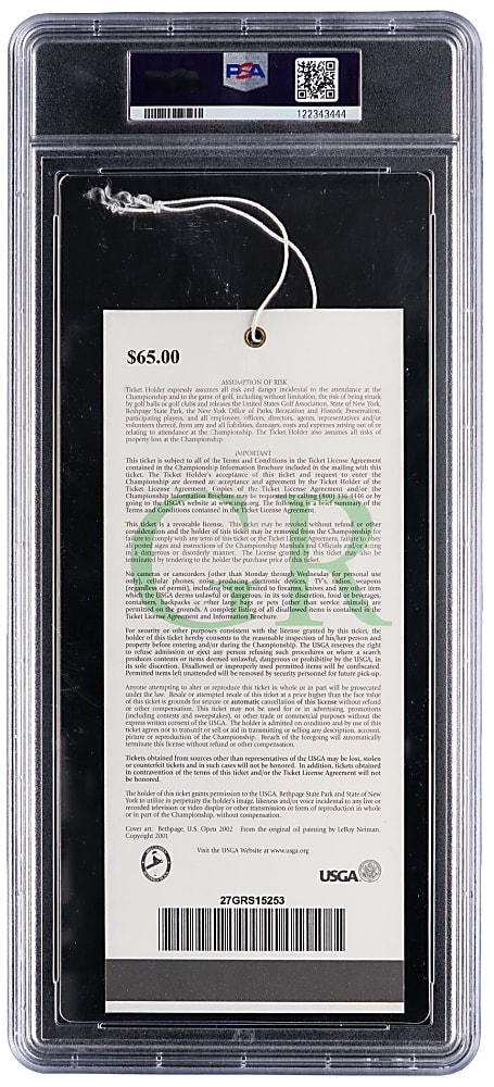 2002 U.S. Open at Bethpage Black Full Ticket PSA EX 5 - Tiger Woods PGA Win #32, Major Win #8